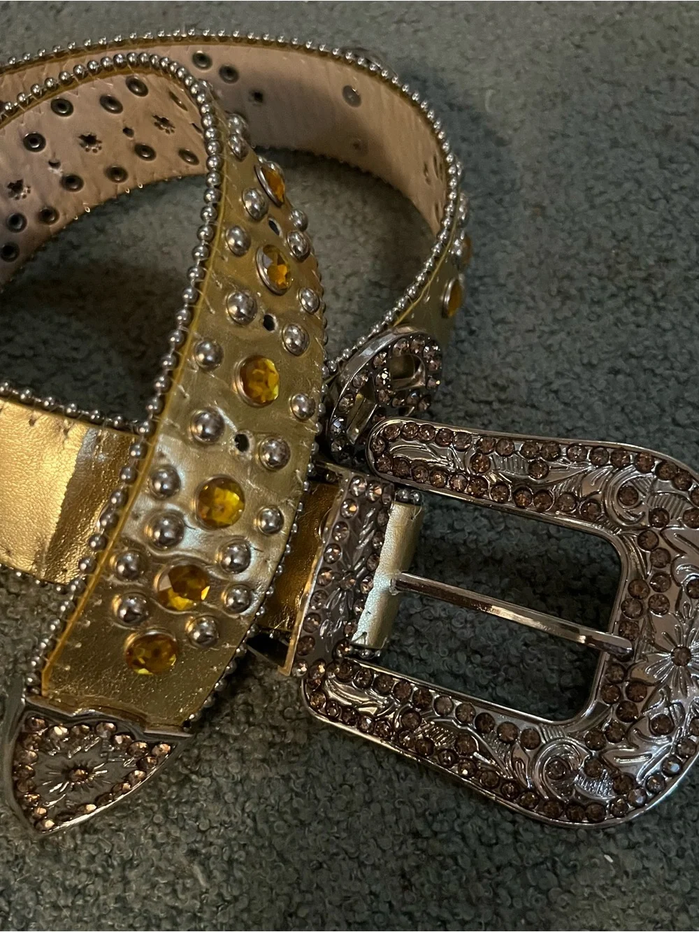 Gold Studded Western-Style Women’s Belt with Amber & Silver Gem Accents